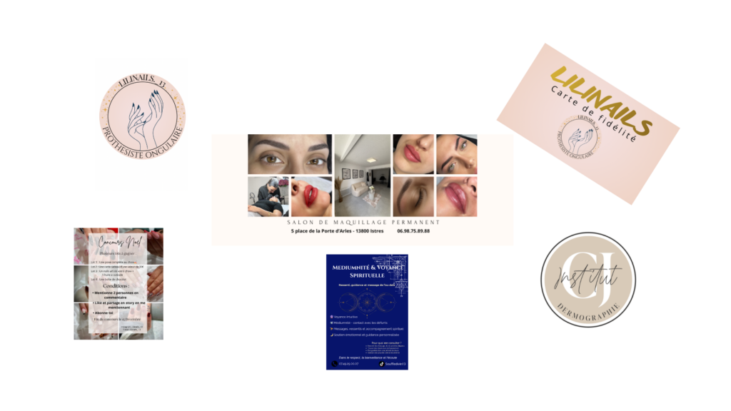 2 logos, le 1er d'une prothésiste ongulaire, le 2ème d'une dermographe, une couverture d'une page de maquillage permanent avec des modèles, une carte de visite, un flyer de voyance et un flyer de concours.