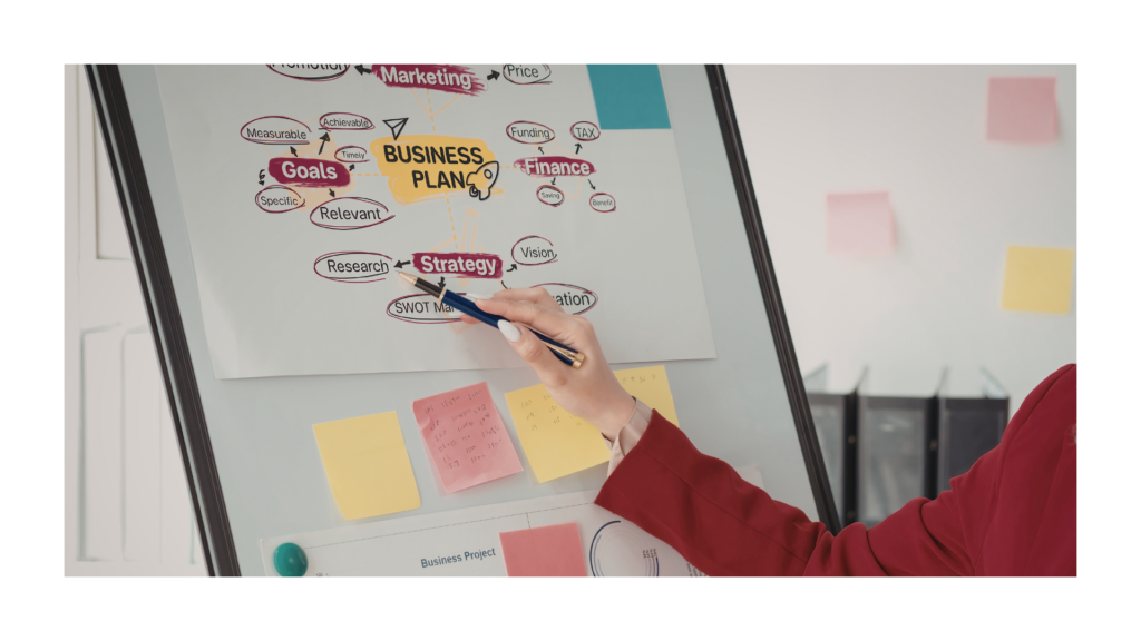 Une femme avec un tableau blanc, avec des post it, un business plan.
